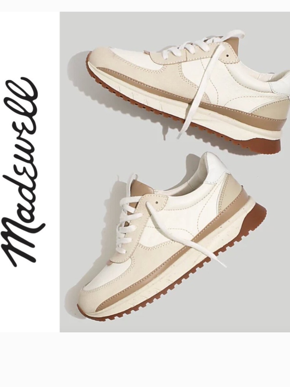 Madewell Leather Kickoff Cream & Tan Retro Runner Sneakers 10m